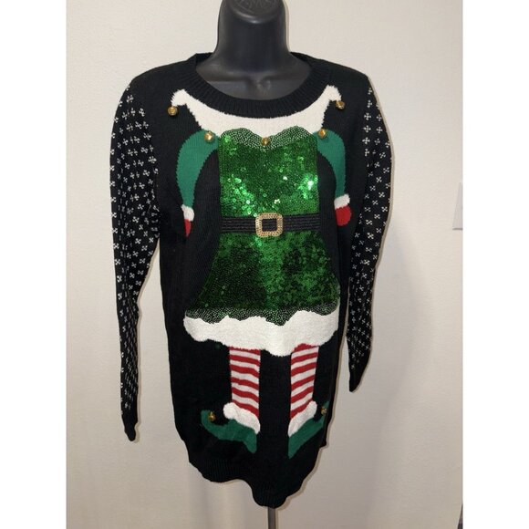 Merry Christmas Poof Women Size Small Sweater Dress  Elf Jingle Bells Sequins - Picture 1 of 9